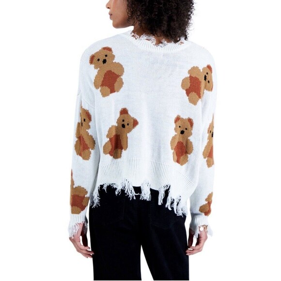 Just Polly NY Teddy Bear Sweater Women's Medium V-Neck Fray Frilly Knit - Picture 11 of 14